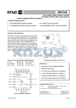 RF5144PCBA-410 datasheet - DUAL-BAND CDMA 800MHz/1900MHz TRI-MODE POWER AMPLIFIER MODULE