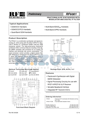 RF6001 datasheet - FRACTIONAL-N RF SYNTHESIZER WITH MODULATOR AND DIGITAL IF FILTER