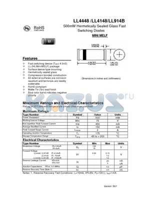 LL4148 datasheet - 500mW Hermetically Sealed Glass Fast Switching Diodes
