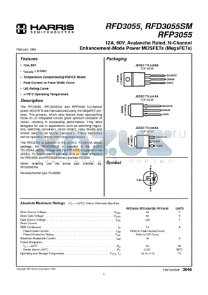 RFD3055SM datasheet - 12A, 60V, Avalanche Rated, N-Channel Enhancement-Mode Power MOSFETs (MegaFETs)