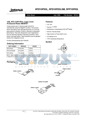 RFP10P03L datasheet - 10A, 30V, 0.200 Ohm, Logic Level, P-Channel Power MOSFET