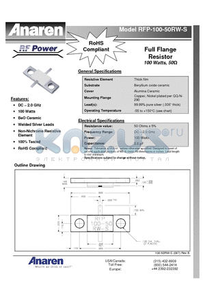 RFP-100-50RW-S datasheet - Full Flange Resistor 100 Watts, 50Ohms