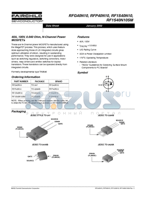 RFP40N10 datasheet - 40A, 100V, 0.040 Ohm, N-Channel Power MOSFETs