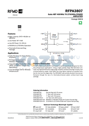 RFPA3807SQ datasheet - GaAs HBT 400MHz TO 2700MHz POWER AMPLIFIER