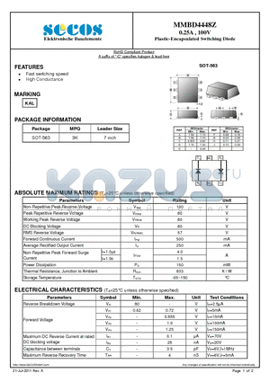 MMBD4448Z datasheet - 0.25A , 100V Plastic-Encapsulated Switching Diode