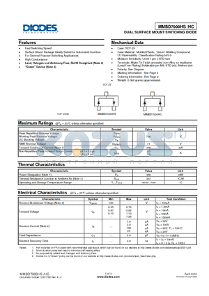 MMBD7000HS datasheet - DUAL SURFACE MOUNT SWITCHING DIODE