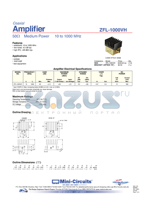 ZFL-1000VH datasheet - Amplifier 50Y Medium Power 10 to 1000 MHz