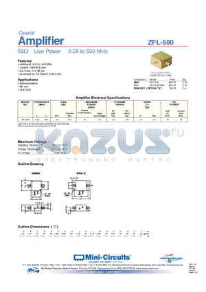 ZFL-500 datasheet - 50Y Low Power 0.05 to 500 MHz