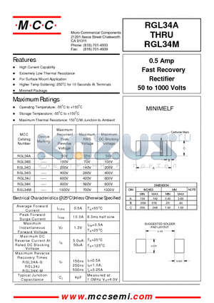 RGL34M datasheet - 0.5 Amp Fast Recovery Rectifier 50 to 1000 Volts