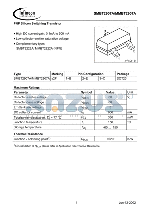 MMBT2907A datasheet - PNP Silicon Switching Transistor