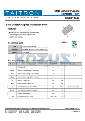 MMBT2907A datasheet - SMD General Purpose Transistor (PNP)