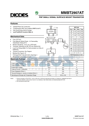 MMBT2907AT_1 datasheet - PNP SMALL SIGNAL SURFACE MOUNT TRANSISTOR