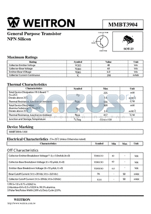 MMBT3904 datasheet - General Purpose Transistor NPN Silicon