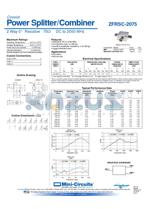 ZFRSC-2075 datasheet - Power Splitter/Combiner 2 Way-0 Resistive 75Y DC to 2000 MHz