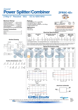 ZFRSC-42 datasheet - Power Splitter/Combiner 2 Way-0 Resistive 50Y DC to 4200 MHz