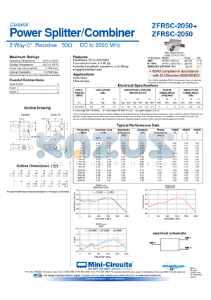 ZFRSC-2050 datasheet - Power Splitter/Combiner 2 Way-0 Resistive 50Y DC to 2000 MHz