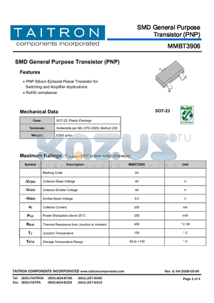MMBT3906 datasheet - SMD General Purpose Transistor (PNP)