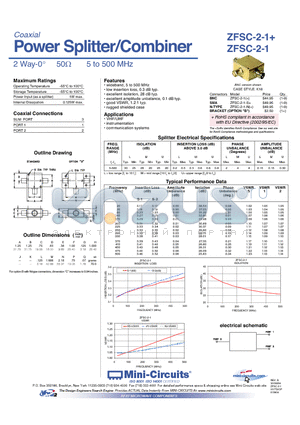 ZFSC-2-1 datasheet - Power Splitter/Combiner