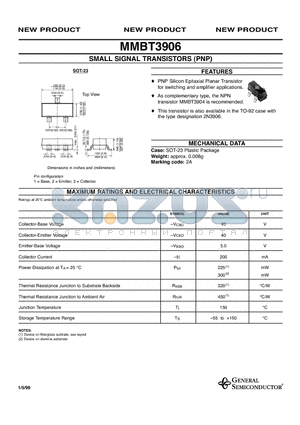 MMBT3906 datasheet - SMALL SIGNAL TRANSISTORS (PNP)