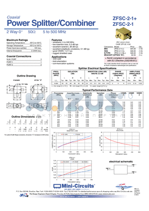 ZFSC-2-1+ datasheet - Power Splitter/Combiner