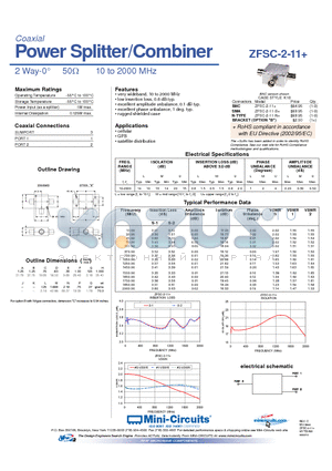 ZFSC-2-11+ datasheet - Power Splitter/Combiner 2 Way-0 50Y 10 to 2000 MHz