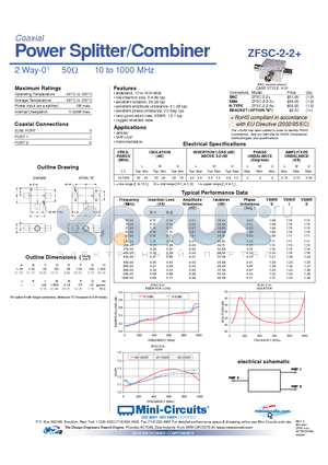 ZFSC-2-2+ datasheet - Power Splitter/Combiner 2 Way-0 50Y 10 to 1000 MHz