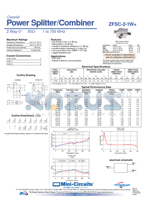 ZFSC-2-1W+ datasheet - Power Splitter/Combiner 2 Way-0 50Y 1 to 750 MHz