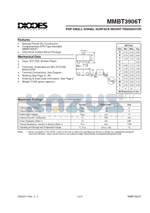 MMBT3906T-7 datasheet - PNP SMALL SIGNAL SURFACE MOUNT TRANSISTOR