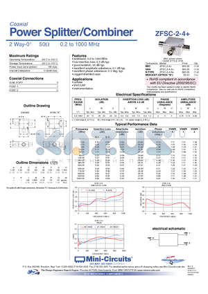 ZFSC-2-4 datasheet - Power Splitter/Combiner 2 Way-0 50Y 0.2 to 1000 MHz