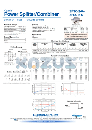 ZFSC-2-6 datasheet - Power Splitter/Combiner 2 Way-0 50Y 0.002 to 60 MHz