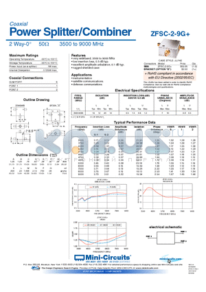 ZFSC-2-9G datasheet - Power Splitter/Combiner 2 Way-0 50Y 3500 to 9000 MHz