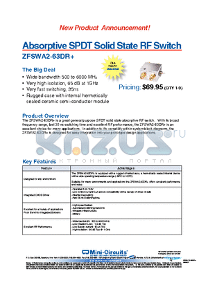 ZFSWA2-63DR+ datasheet - Absorptive SPDT Solid State RF Switch