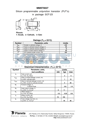 MMBT6027 datasheet - Silicon programmable unijunction transistor (PUTs)