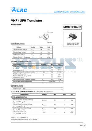 MMBT918LT1 datasheet - VHF/UFH Transistor(NPN Silicon)