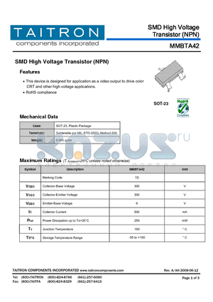 MMBTA42 datasheet - SMD High Voltage Transistor (NPN)