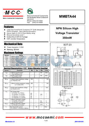 MMBTA44 datasheet - NPN Silicon High Voltage Transistor 350mW