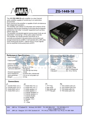 ZG-1449-18 datasheet - The JMK ZG-1449-18 audio amplifier is a dual channel audio amplifier capable of functioning in an automotive environment.
