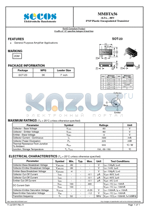 MMBTA56 datasheet - -0.5A , -80V PNP Plastic Encapsulated Transistor