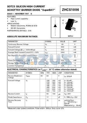 ZHCS1006 datasheet - SILICON HIGH CURRENT SCHOTTKY BARRIER DIODE SuperBAT