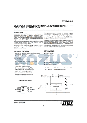 ZHCS500 datasheet - ADJUSTABLE LED DRIVER WITH INTERNAL SWITCH AND OPEN CIRCUIT PROTECTION IN SC70-6