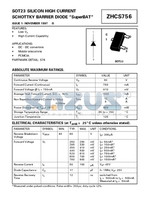 ZHCS756 datasheet - SOT23 SILICON HIGH CURRENT SCHOTTKY BARRIER DIODE SuperBAT