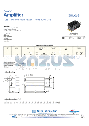 ZHL-2-8 datasheet - Amplifier 50 Medium High Power 10 to 1000 MHz