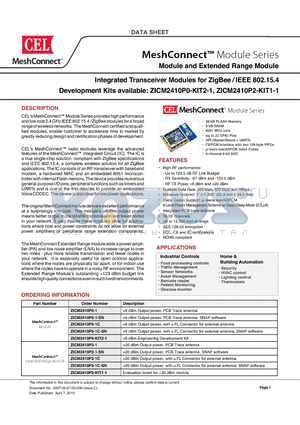ZICM2410P0-KIT2-1 datasheet - Integrated Transceiver Modules for ZigBee/IEEE 802.15.4