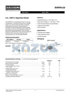 RHRP8120 datasheet - 8A, 1200V Hyperfast Diode