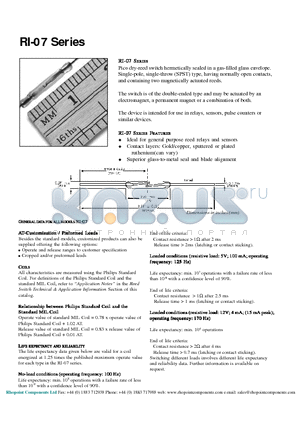 RI-07 datasheet - Ideal for general purpose reed relays and sensors / Contact layers: Gold/copper, sputtered or plated