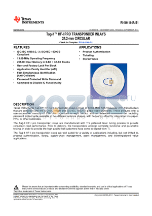 RI-I16-114A-S1 datasheet - Tag-it HF-I PRO TRANSPONDER INLAYS 24.2-mm CIRCULAR