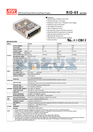 RID-65A datasheet - 65W Dual Output Switching Power Supply