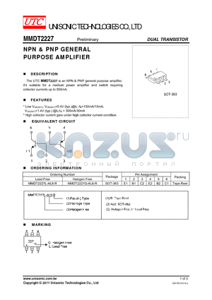 MMDT2227L-AL6-R datasheet - NPN & PNP GENERAL PURPOSE AMPLIFIER