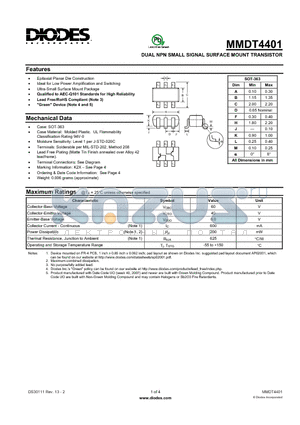 MMDT4401 datasheet - DUAL NPN SMALL SIGNAL SURFACE MOUNT TRANSISTOR