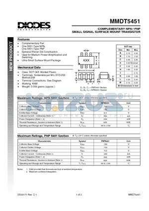 MMDT5451 datasheet - COMPLEMENTARY NPN/PNP SMALL SIGNAL SURFACE MOUNT TRANSISTOR